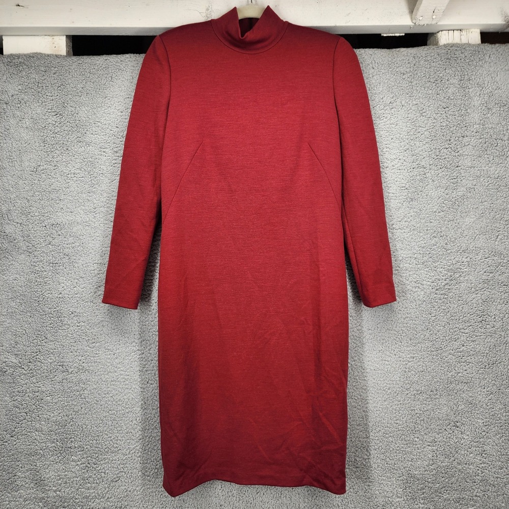 Akris Wool Silk Lined‎ Mock Neck Long Sleeve Sheath Dress Burgundy Red US 8